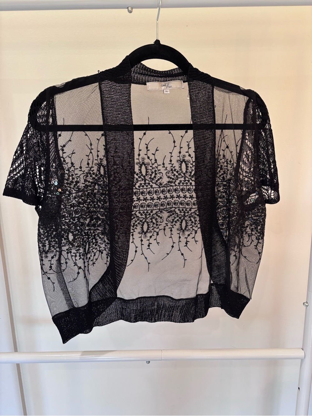 Sheer Embroidered Open-Front Cardigan Shrug - Black